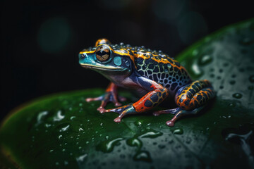 Obraz premium Vibrant frog on dew-kissed leaf