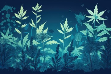 vibrant painting featuring an array of green leaves and colorful flowers. Generative AI