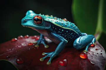 Vibrant frog on dew-kissed leaf