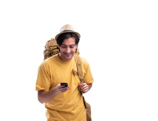 Young handsome tourist isolated on white