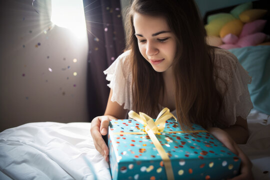 Young teenage girl getting her birthday present. High quality generative ai