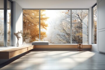 cozy interior with a spacious window and comfortable bench. Generative AI
