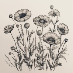 set of poppies, hand drawn flowers, generative ai.