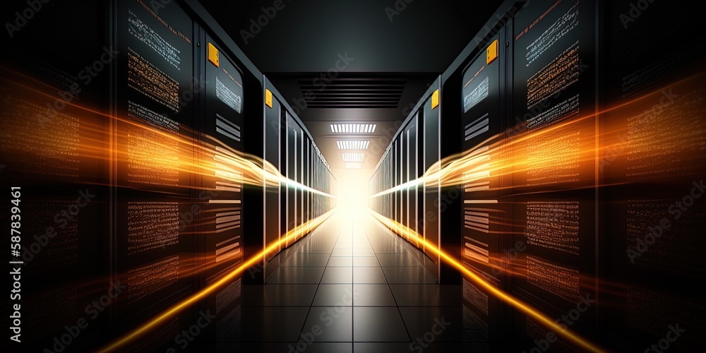 Poster a hallway illuminating the server room of a data center at high speed. generative ai