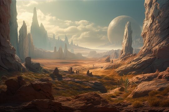 surreal rocky landscape with a sci-fi planet looming in the distance. Generative AI