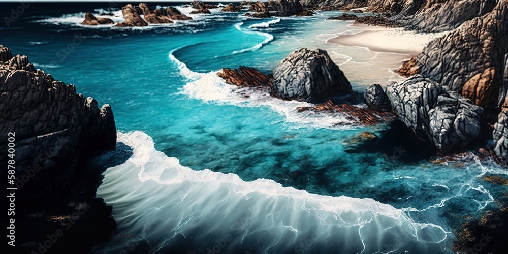 Poster seaside cliffs and clear ocean in a wide view generative ai