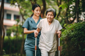 Young asian nurse assisting an elderly woman with walking. High quality generative ai