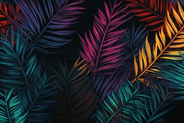 Illustration of colorful palm leaves on a black background. Generative AI