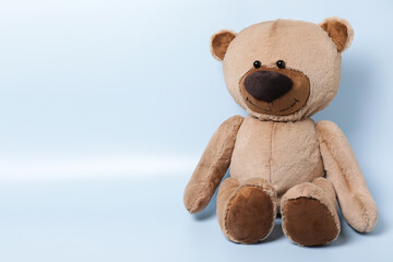 Cute teddy bear on light background, space for text