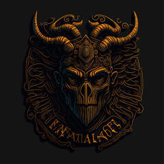 Demon skull head emblem vintage ornamental design. Medieval logo. Print design. t-shirt design.