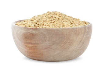Aromatic mustard powder in wooden bowl on white background