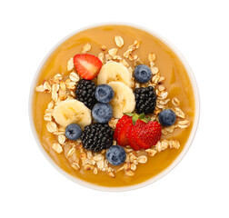 Delicious smoothie bowl with fresh berries, banana and oatmeal on white background, top view