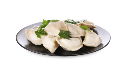 Delicious dumplings (varenyky) with tasty filling and parsley on white background