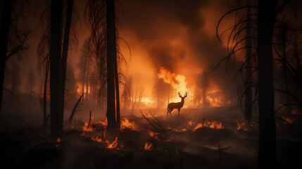 A deer in a forest wild fire. Generative AI. 