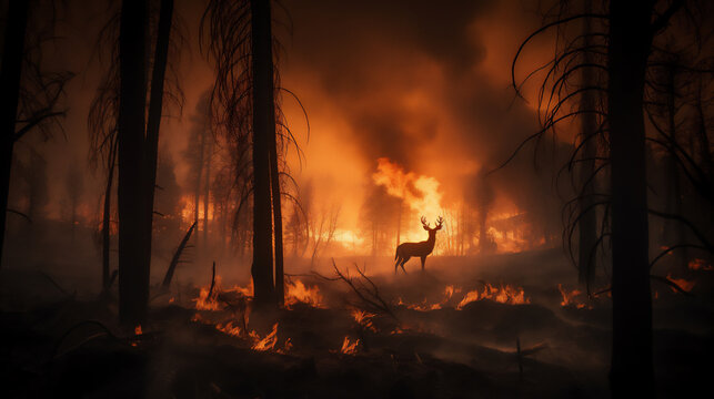 A deer in a forest wild fire. Generative AI. 