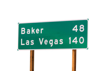 Las Vegas and Baker I-15 highway distance sign with cut out background. © trekandphoto