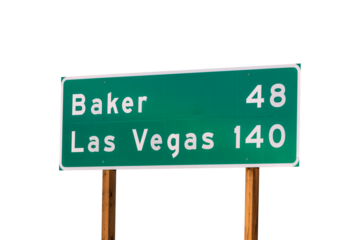 Las Vegas and Baker I-15 highway distance sign with cut out background.