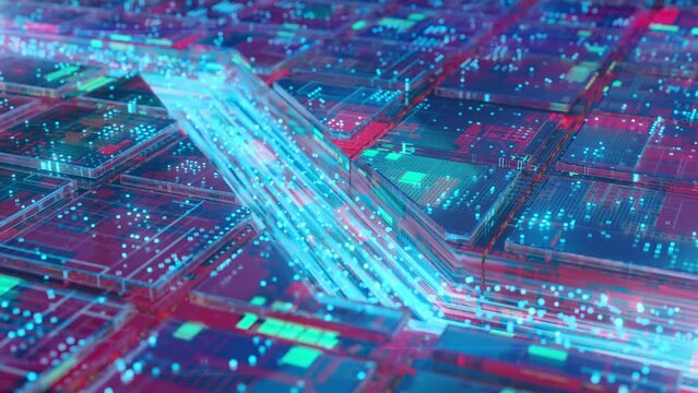 Transferring binary data from source of information to quantum neural processor of the artificial intelligence. Machine learning concept with chips on the circuit board. Futuristic neural network.