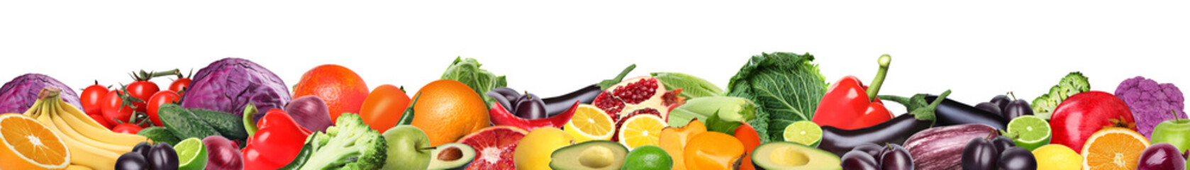 Many different fresh fruits and vegetables on white background. Banner design