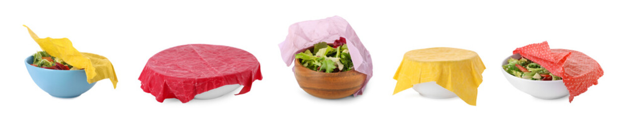 Collage of different food in bowls covered with beeswax wraps isolated on white