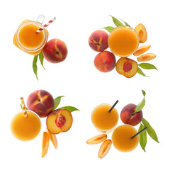 Set of peach juice in glassware and fresh fruits isolated on white, top view
