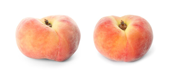 Two tasty flat peaches on white background