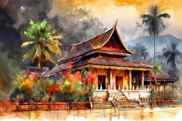 Obraz premium serene lakeside house in watercolor. Generative AI