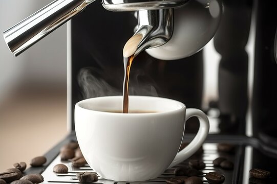 Close-up of coffee water in a white mug flowing out of the coffee machine. AI-generated images