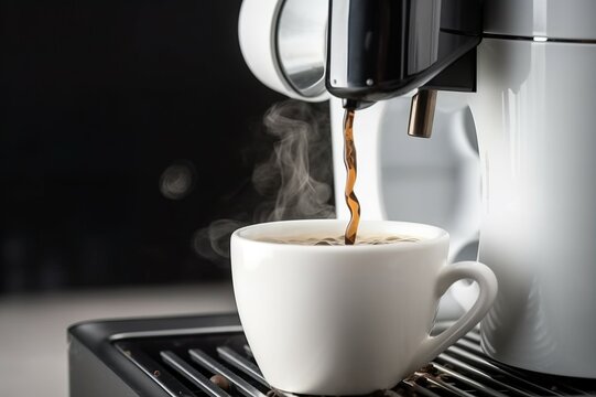 Close-up of coffee water in a white mug flowing out of the coffee machine. AI-generated images