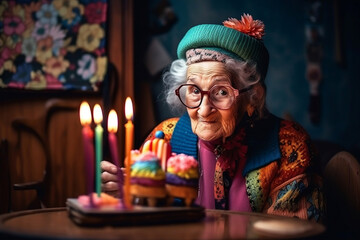 old person celebrating birthday with cake, happy and fun