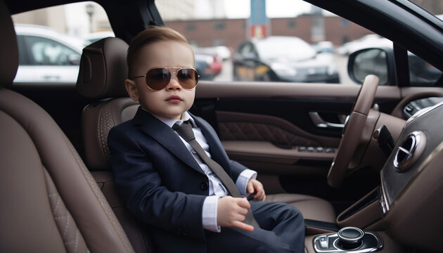 little businessman boy wearing sunglasses and driving a car