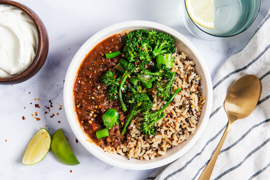 Bowl of lentils and rice with broccoli