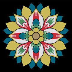 
Stylized flower. Round floral geometrical mandala. Medieval Russian folk design. On black background.