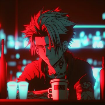 A 25 Year Old Male Punk Sits At A Club Techno Club Drinking Japanese Anime Style Red Volumetric Lighting 4K 