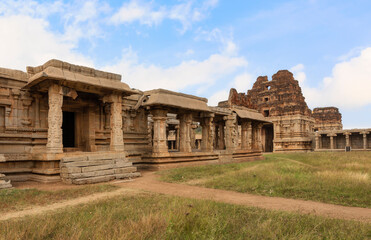 Fototapeta na wymiar Achyuta Raya temple medieval architecture ruins with stone carvings at Hampi Karnataka, India
