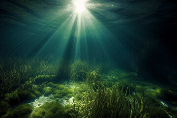 Fototapeta na wymiar Beautiful sun rays underwater generative AI