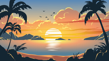 Vector ocean sunset scenery. Colorful tropical beach landscape