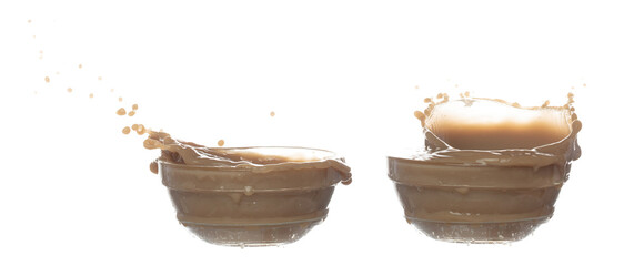 Milk Tea fall pouring down in Shape form line. Milk Ice coffee splash spill drop droplet out of...