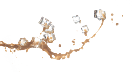 Milk Tea fall ice cube cool pouring down in Shape form line. Milk Ice coffee splash into drop dropet, chocolate cocoa attack fluttering explosion in air. White background isolated, stop motion freeze