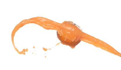 Orange Juice pouring down in Shape form line. Orange juicy hit full fruit fluttering explosion in air, liquid water splash spill like explosion droplet. White background isolated, stop motion freeze
