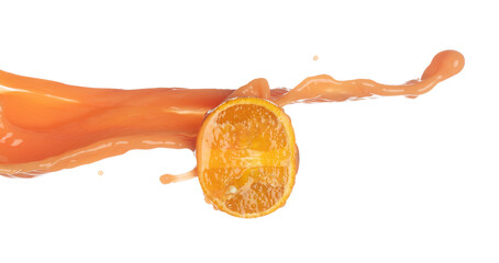 Orange Juice pouring down in Shape form line. Orange juicy hit full fruit fluttering explosion in...