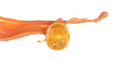 Orange Juice pouring down in Shape form line. Orange juicy hit full fruit fluttering explosion in air, liquid water splash spill like explosion droplet. White background isolated, stop motion freeze