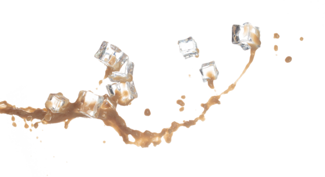 Milk Tea fall ice cube cool pouring down in Shape form line. Milk Ice coffee splash into drop dropet, chocolate cocoa attack fluttering explosion in air. White background isolated, stop motion freeze