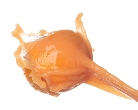 Orange Juice pouring down in Shape form line. Orange juicy hit full fruit fluttering explosion in air, liquid water splash spill like explosion droplet. White background isolated, stop motion freeze