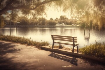 Fototapeta premium serene park bench overlooking a calm body of water. Generative AI