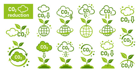 CO2 emission reduction, green plant carbon dioxide recycling, offset, carbonic greenhouse gas reduce icon set. Smoke cloud. Neutral and low level air atmosphere pollution. Clean eco technology. Vector