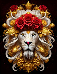lion head surrounded by a golden mane and roses, 3d lion head in royal style with red roses and gold, a symbol of royal luxury about wealth, generative AI