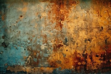 Fototapeta premium weathered wall with peeling blue and yellow paint. Generative AI