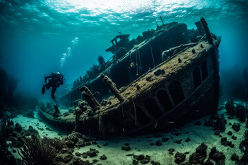 Scuba divers exploring a sunken shipwreck. Underwater mysteries, high quality generative ai