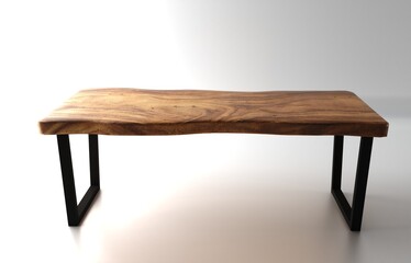 Wooden lacquered table with black metal legs on white background. Modern live edge elm slab coffee table with inner knot in bizarre pattern shape and tree table. 3d rendering.